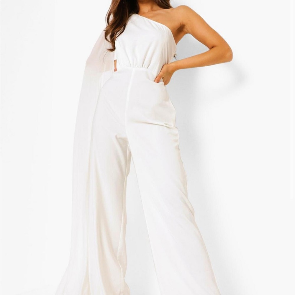 BooHoo white jumpsuit with side cape!